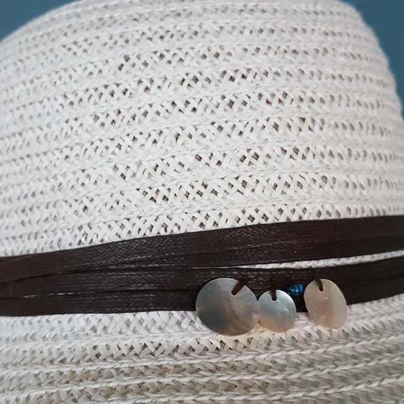 OFF WHITE COLUMBINO BOHO WITH ABALONE DRIP RAFIA PAPER TREE FLOPPY SUMMER HAT - Picture 7 of 9